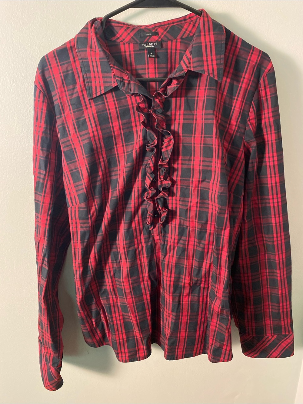 Talbots Red plaid longsleeve with ruffle front size 16 excellent condition